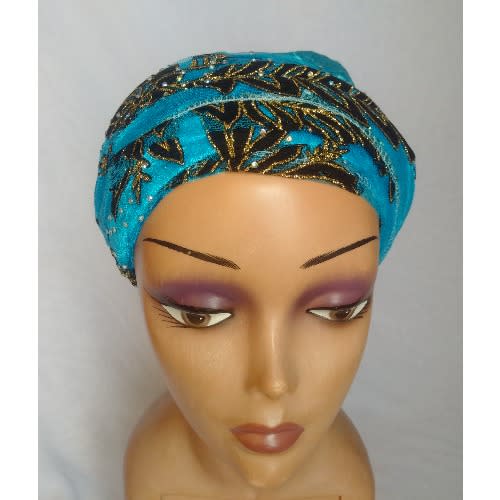 Double Wrap Laced Turban Head Wrap - Turquoise Blue