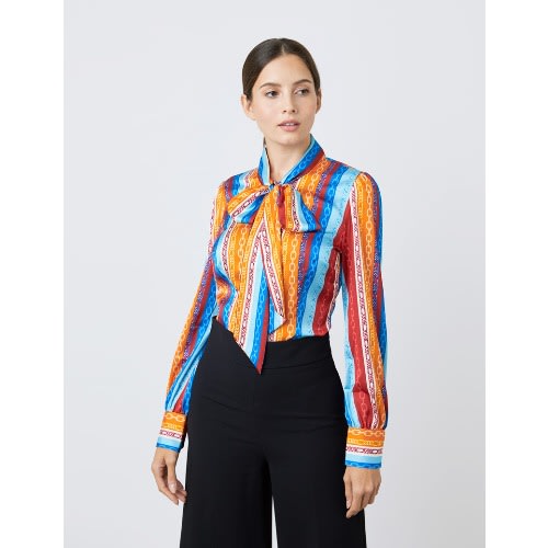 Women's Red & Blue Multi Coloured Chains Print Satin Blouse - Single Cuff - Pussy Bow