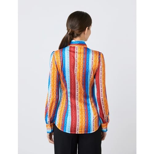 Women's Red & Blue Multi Coloured Chains Print Satin Blouse - Single Cuff - Pussy Bow