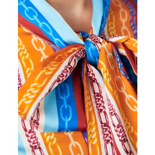 Women's Red & Blue Multi Coloured Chains Print Satin Blouse - Single Cuff - Pussy Bow