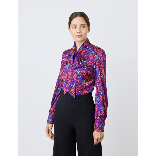 Women's Purple & Red Large Flowers Print Satin Blouse - Single Cuff - Pussy Bow
