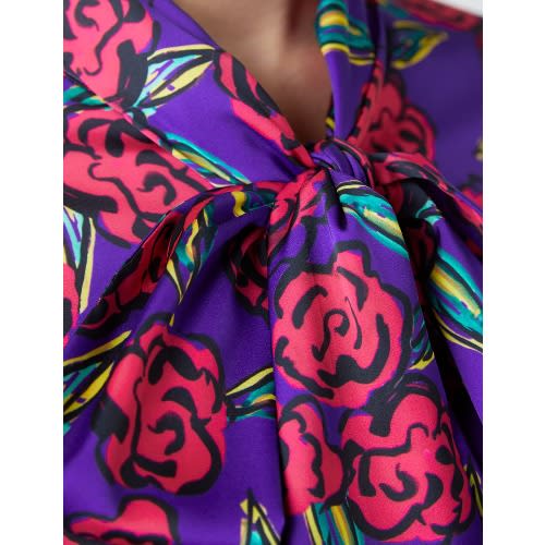 Women's Purple & Red Large Flowers Print Satin Blouse - Single Cuff - Pussy Bow
