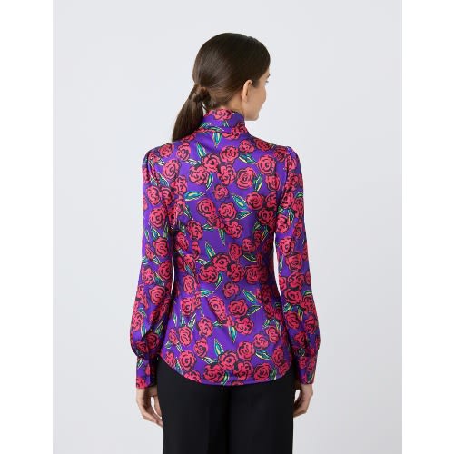 Women's Purple & Red Large Flowers Print Satin Blouse - Single Cuff - Pussy Bow