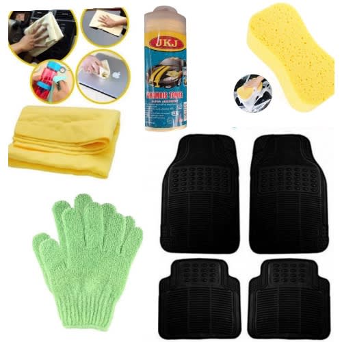 Universal Rubber Car Foot Mat With Hand Sponge + Foam And Hand Towel