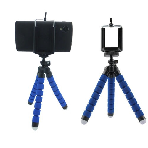 Flexible Sponge Octopus Tripod Stand + Phone Holder Clip + Bluetooth Remote Shutter - Blue