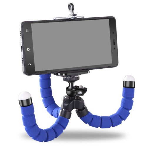 Flexible Sponge Octopus Tripod Stand + Phone Holder Clip + Bluetooth Remote Shutter - Blue