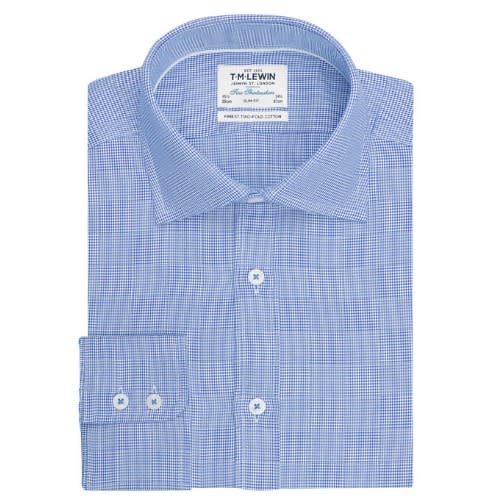 Optical Check Slim Fit Single Cuff Shirt - Blue