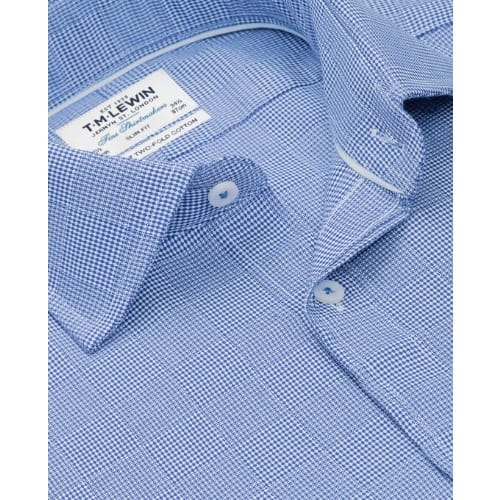 Optical Check Slim Fit Single Cuff Shirt - Blue