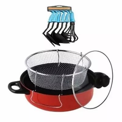 Non Stick Manual Deep Fryer -black & Red + Free Non-stick Spoon -set Of 6 -blue
