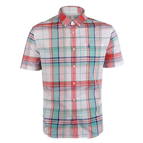 Short Sleeve Plaid Print Trim Shirt