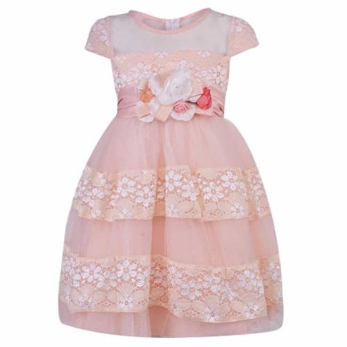 Girls Lacey Flower Dress - Peach
