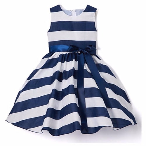 Striped Sash-Tie Dress - Navy Blue & White