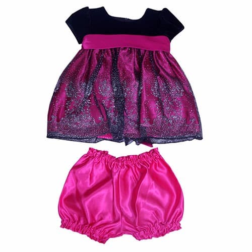Satin Ball Dress With Velvet Short Sleeve Top & Sequined Net Overlay - Pink