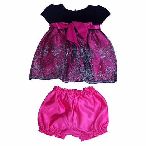 Satin Ball Dress With Velvet Short Sleeve Top & Sequined Net Overlay - Pink