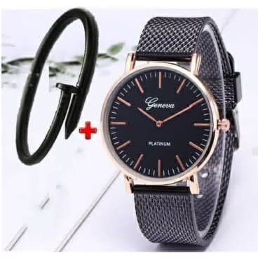 Geneva Modern Strap Watch & Nail Bracelet - 2 In 1 - Black