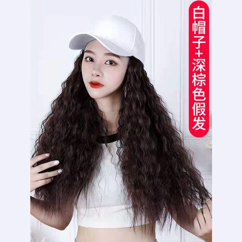 White Face Cap Wavy Hair Wig Cap Hat Women Long Hair Extension Piece