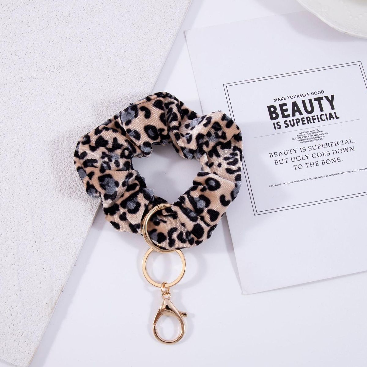 Scrunchie Wristlet Key Ring Hair Tie Wrist Band Bracelet Keychain Khaki