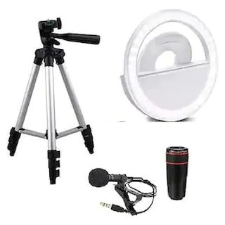 Tripod 3110 Stand Holder + Phone Selfie Ring Light + Optical Zoom Telescope Lens + Lapel Mic