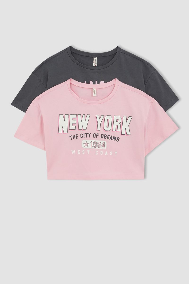 2 Piece Girl Casual Crop-Standart Fit Knitted Short Sleeve Body - Grey