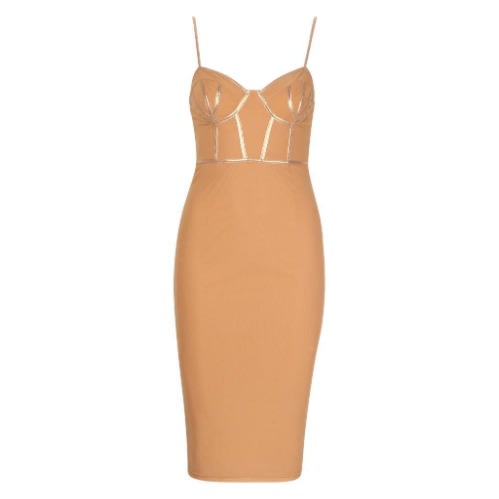 Mesh Pu Corset Midi Dress - Goldish Brown