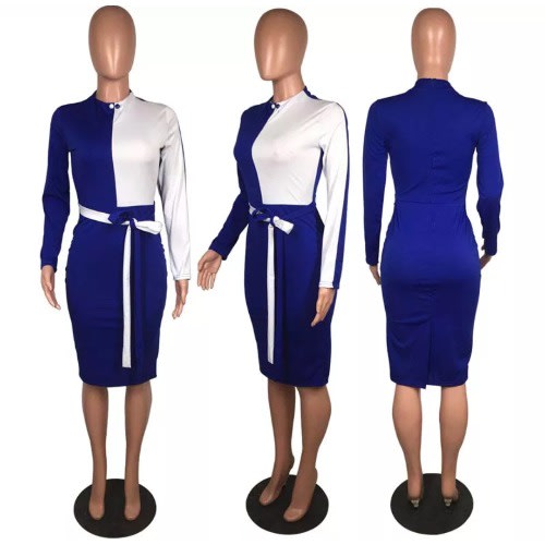 Long Sleeve 2-Tone Bodycon Dress - Blue & White