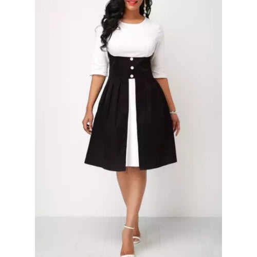 Button Detail Flare Patch Work Dress