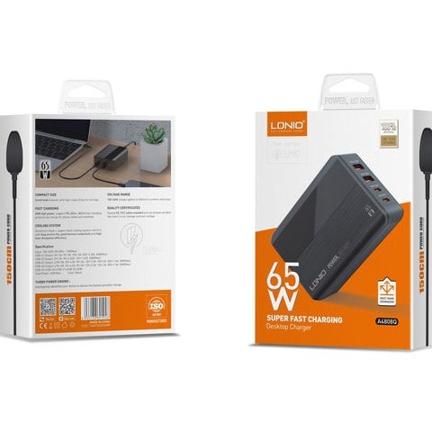 Charger For Notebook And Mobile Phone With 2usb-c Ports + 2 Usb-a Ports - 65w