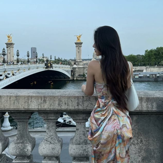 French Style Socialite Style Oil Painting Satin Fishbone Waist Dress Female Summer New Sexy Hot Girl Split Suspender Skirt