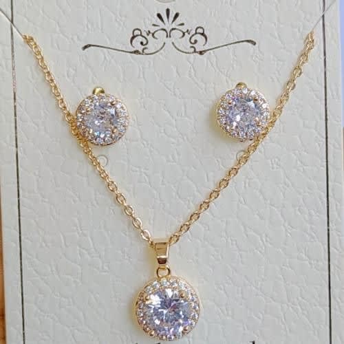 Gold Plated Round Cubic Jewelry Set - Necklace & Earrings