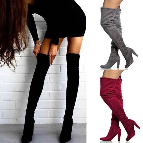 Women Long Stretch Over The Knee Boots Thigh High Heeled Boots Zipper Lace Shoes-Black 41