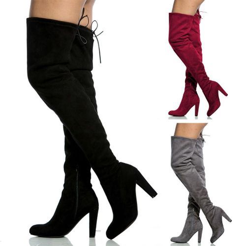 Women Long Stretch Over The Knee Boots Thigh High Heeled Boots Zipper Lace Shoes-Black 41