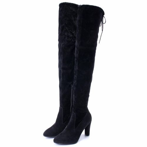 Women Long Stretch Over The Knee Boots Thigh High Heeled Boots Zipper Lace Shoes-Black 41