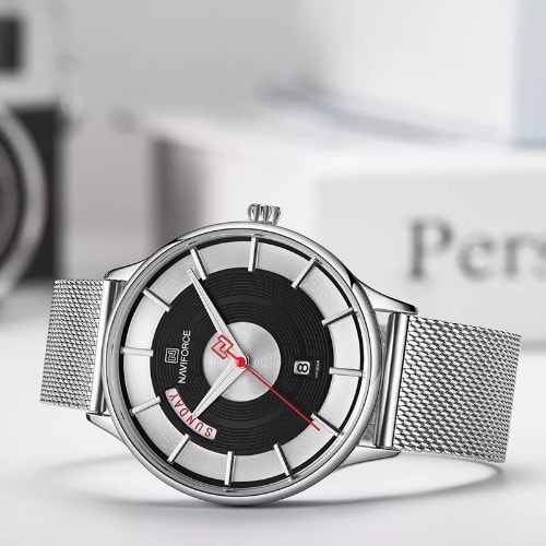Men's Day Date Luxury Bracelet Silver Black Wrist Watch