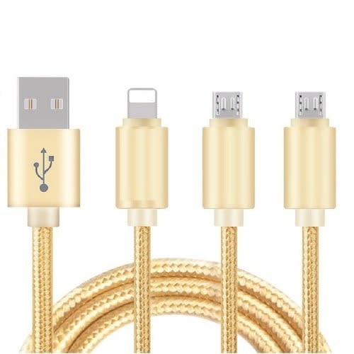 3 In 1 Micro Usb Tripple Fast Charging Data Cable - Gold
