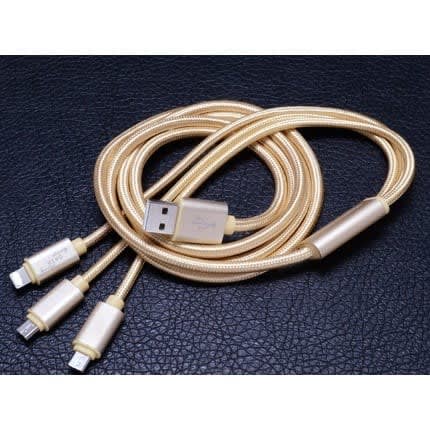 3 In 1 Micro Usb Tripple Fast Charging Data Cable - Gold