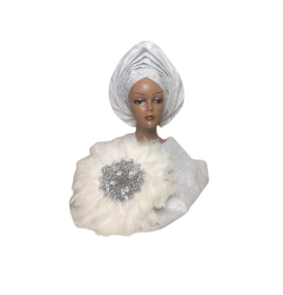 Asooke Auto Gele With Hand Fan - White & Silver Glitters
