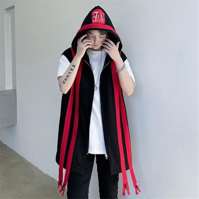 Zipper Long Hooded Vest Men Red Black Patchwork Punk Sleeveless Jacket Jacket