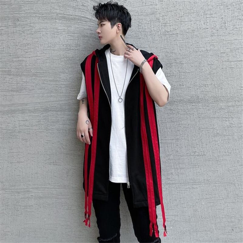 Zipper Long Hooded Vest Men Red Black Patchwork Punk Sleeveless Jacket Jacket