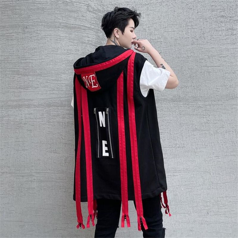 Zipper Long Hooded Vest Men Red Black Patchwork Punk Sleeveless Jacket Jacket