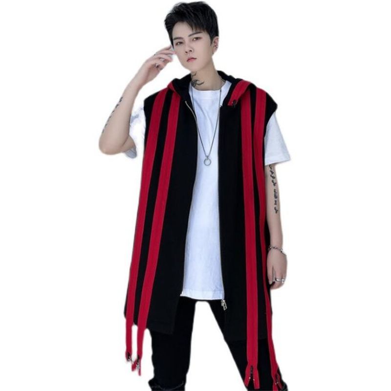 Zipper Long Hooded Vest Men Red Black Patchwork Punk Sleeveless Jacket Jacket