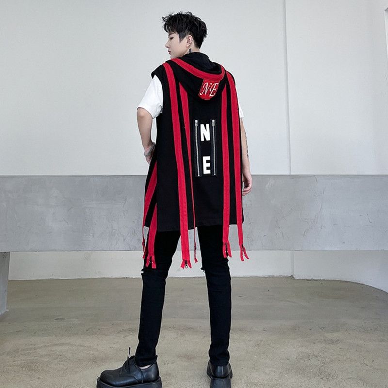 Zipper Long Hooded Vest Men Red Black Patchwork Punk Sleeveless Jacket Jacket