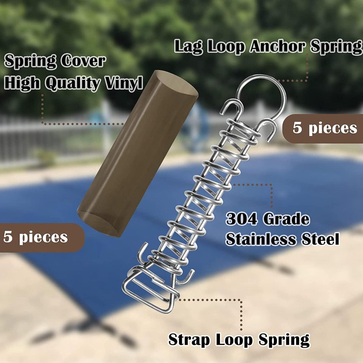 5 Pack Stainless Steel Springs for Pool Cover Swimming Pool Cover Stainless Steel Spring with Stopper D Ring