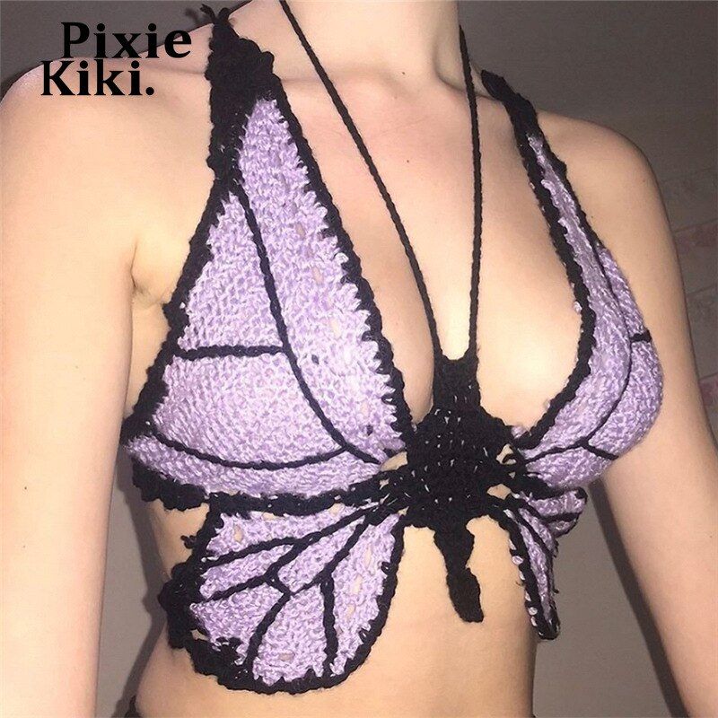 Pixiekiki Sexy Hollow Out Knitted Crochet Butterfly Crop Women Fairy Camis
