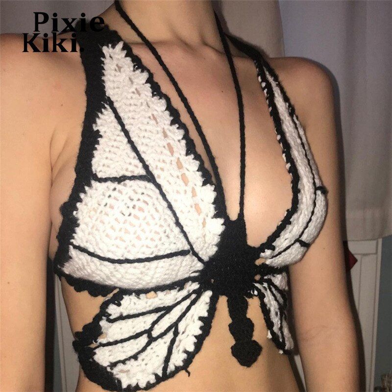 Pixiekiki Sexy Hollow Out Knitted Crochet Butterfly Crop Women Fairy Camis