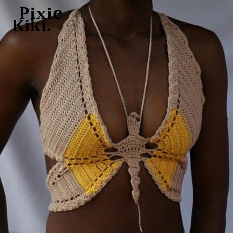Pixiekiki Sexy Hollow Out Knitted Crochet Butterfly Crop Women Fairy Camis