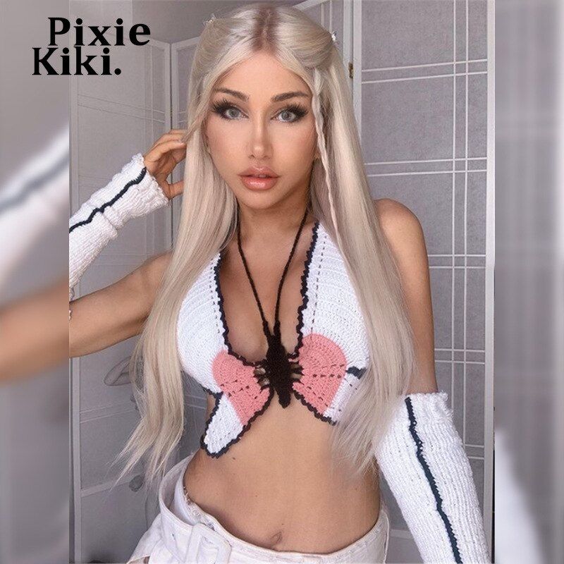 Pixiekiki Sexy Hollow Out Knitted Crochet Butterfly Crop Women Fairy Camis