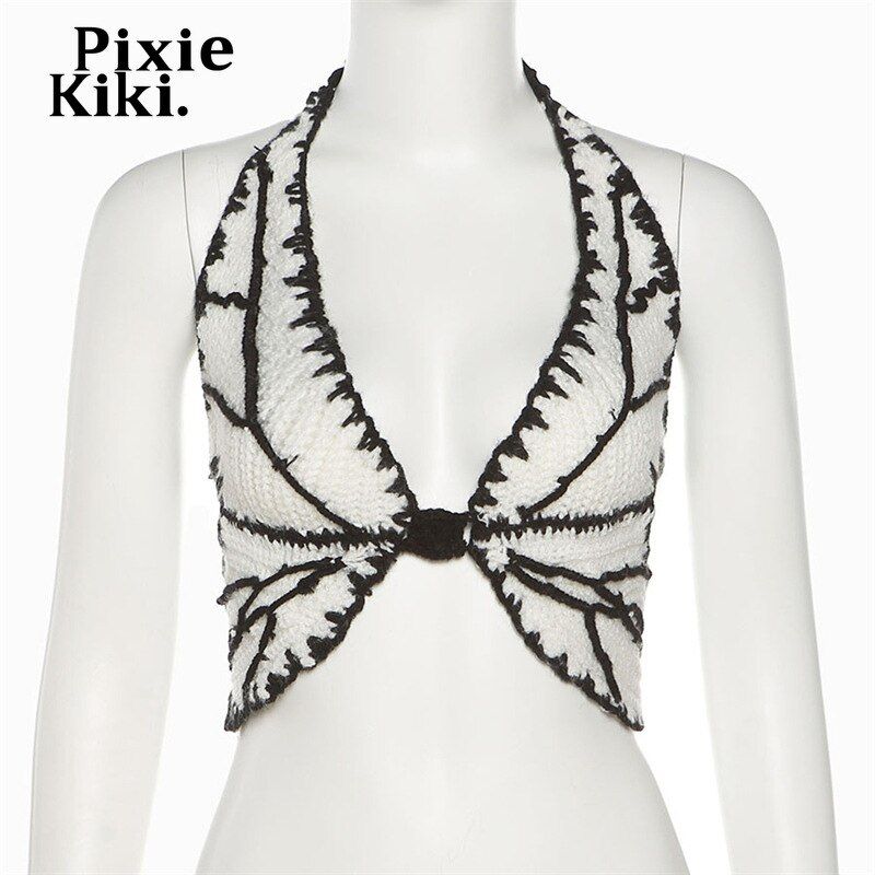Pixiekiki Sexy Hollow Out Knitted Crochet Butterfly Crop Women Fairy Camis