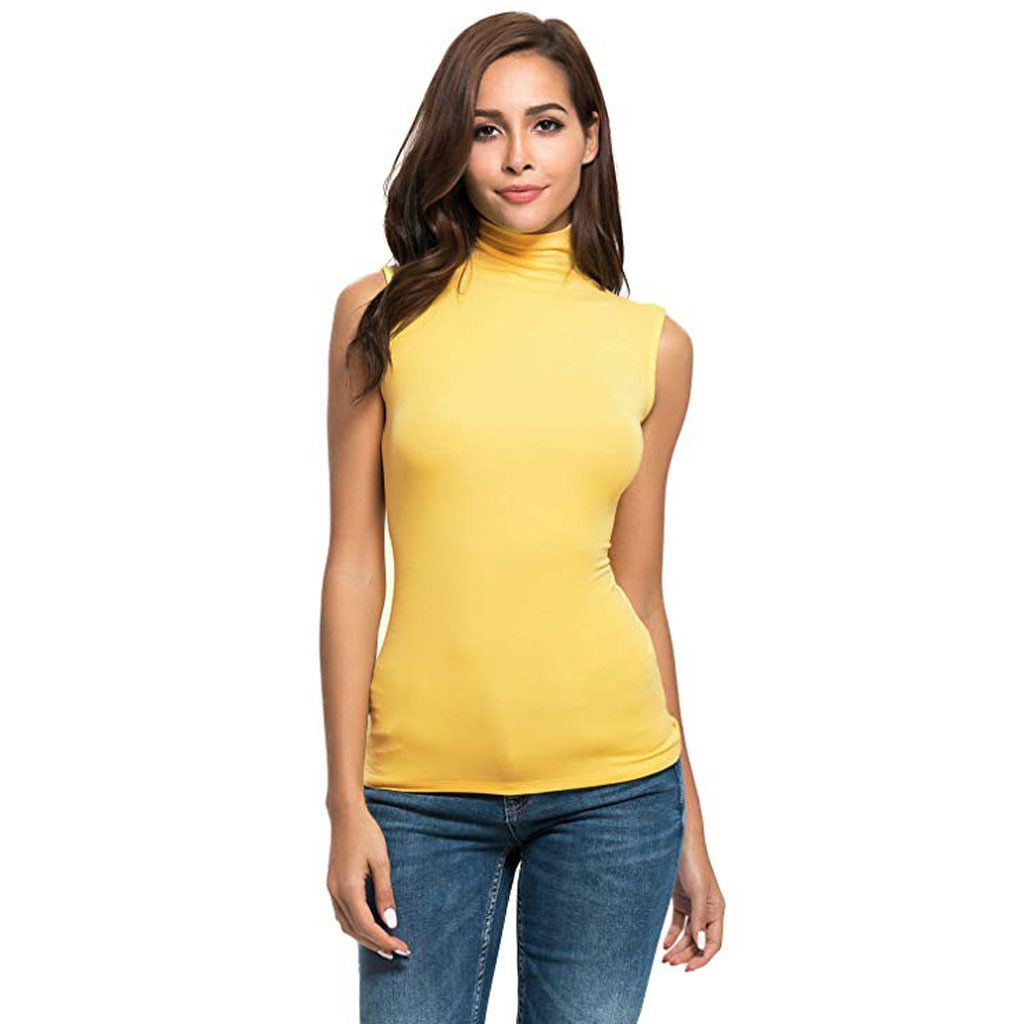 (Black)Womens Tank Top Turtleneck Neck Sleeveless Shirt Black Women Fitness Vest Women Stand Collar Elegant Tank Top Ropa Mujer WEF