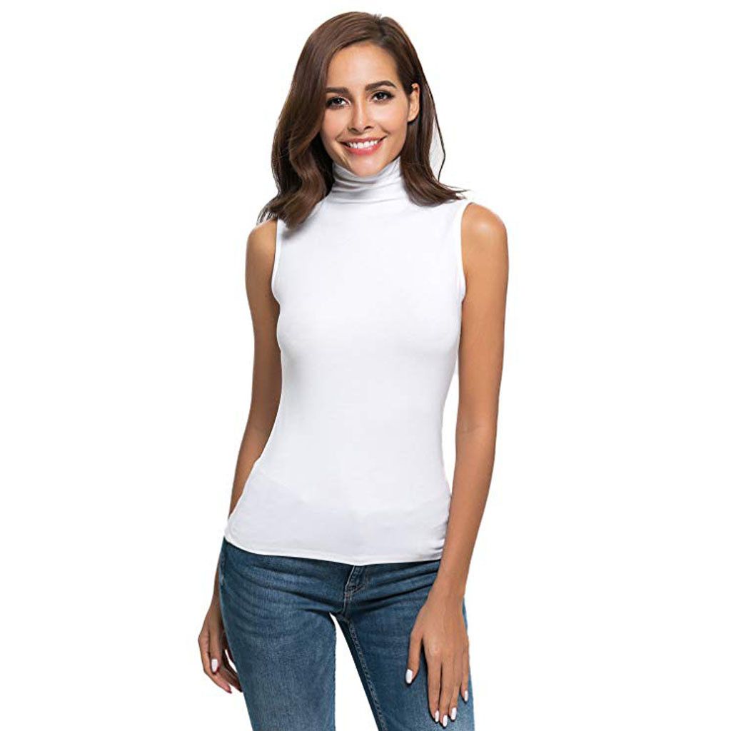 (Black)Womens Tank Top Turtleneck Neck Sleeveless Shirt Black Women Fitness Vest Women Stand Collar Elegant Tank Top Ropa Mujer WEF
