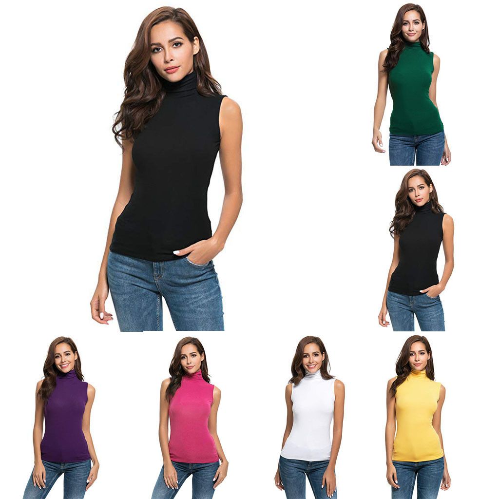 (Black)Womens Tank Top Turtleneck Neck Sleeveless Shirt Black Women Fitness Vest Women Stand Collar Elegant Tank Top Ropa Mujer WEF